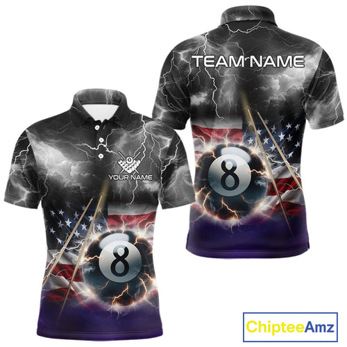 Black Purple American Flag Thunder Lightning 8 Ball Billiard Shirt For Men Custom Pool Team Jersey TDM5267