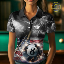 Load image into Gallery viewer, Black Blue American Flag Thunder Lightning 8 Ball Billiard Shirt For Women Custom Pool Team Jersey TDM5268