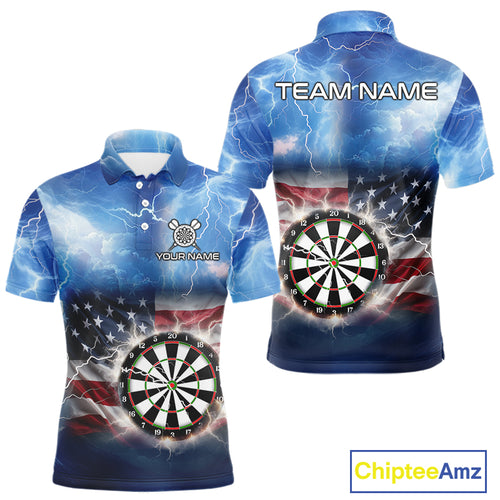 Blue American Flag Thunder Lightning Darts Shirt For Men Custom Darts Jersey Team Polo & 1/4 Zip TDM5270