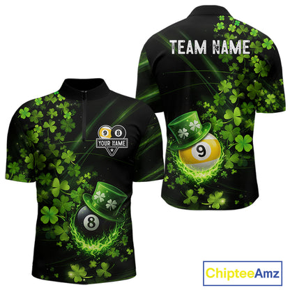 Green Luckiest Shamrock 8 & 9 Ball Billiard Shirt For Men Custom St Patrick Day Pool Team Jersey TDM5780