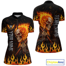 Load image into Gallery viewer, Personalized Orange Flaming Skeleton 8 Ball Billiard Shirt For Women, Pool Team Jersey Polo, 1/4 Zip TDM5781