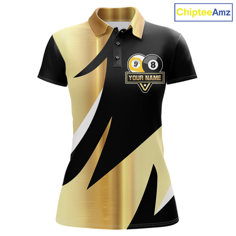 Personalized Billiard 8 Ball & 9 Ball Pool Polo, 1/4 Zip For Women Custom Team Billiard Jersey |Gold TDM6376