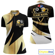 Load image into Gallery viewer, Personalized Billiard 8 Ball &amp; 9 Ball Pool Polo, 1/4 Zip For Women Custom Team Billiard Jersey |Gold TDM6376