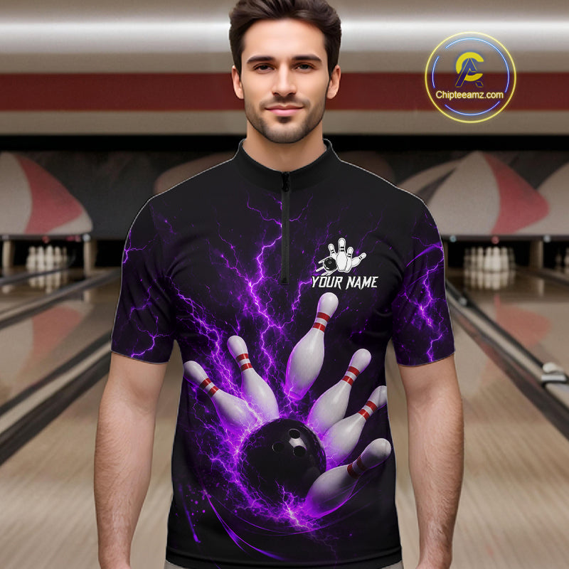 Personalized Purple Thunder Lightning Bowling Jersey For Men, Bowling League Shirts Polo & 1/4 Zip TDM6574