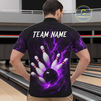 Personalized Purple Thunder Lightning Bowling Jersey For Men, Bowling League Shirts Polo & 1/4 Zip TDM6574