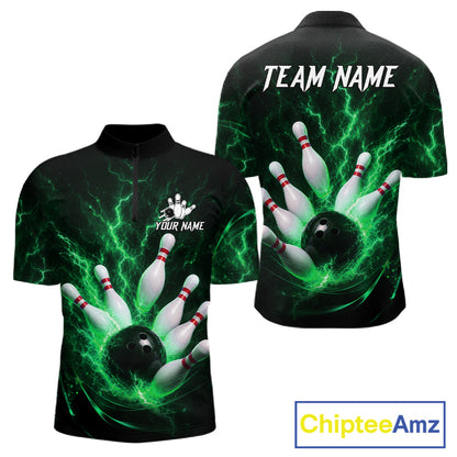 Personalized Green Thunder Lightning Bowling Jersey For Men, Bowling League Shirts Polo & 1/4 Zip TDM6575