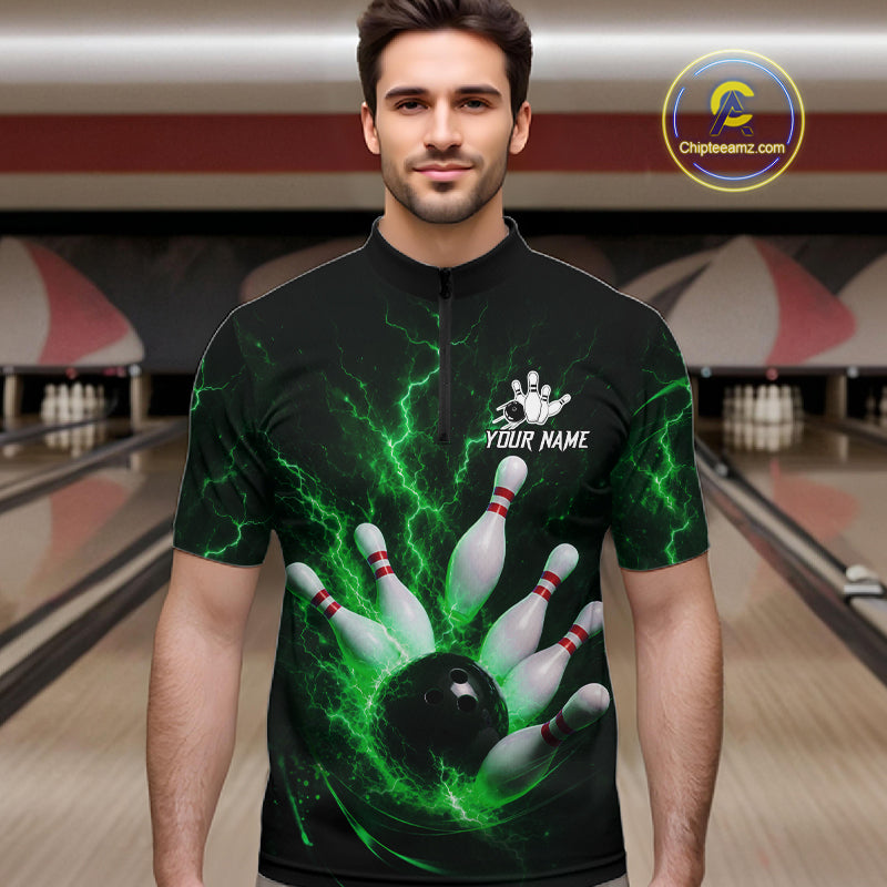 Personalized Green Thunder Lightning Bowling Jersey For Men, Bowling League Shirts Polo & 1/4 Zip TDM6575