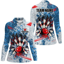 Load image into Gallery viewer, Blue camo Women Bowling Polo, Quarter Zip Shirts Custom bowling team league jerseys, gift for bowlers NQS7869