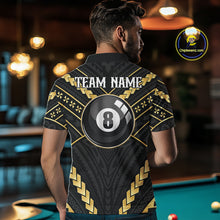 Load image into Gallery viewer, Back view of man wearing a black and gold 8 ball tribal pool shirt in a billiards hall.