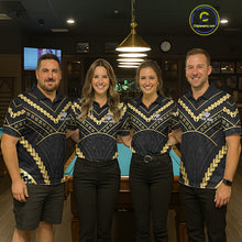 Load image into Gallery viewer, Pool team wearing matching black and gold 8 ball tribal billiard jerseys during tournament competition front view.