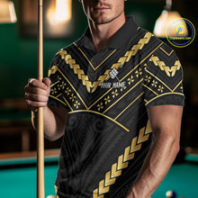 Load image into Gallery viewer, Man wearing a black and gold 9 ball tribal billiard jersey beside a pool table front view.