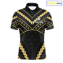 Load image into Gallery viewer, Black and gold 9 ball tribal billiard polo shirt for men with custom pool team graphics.