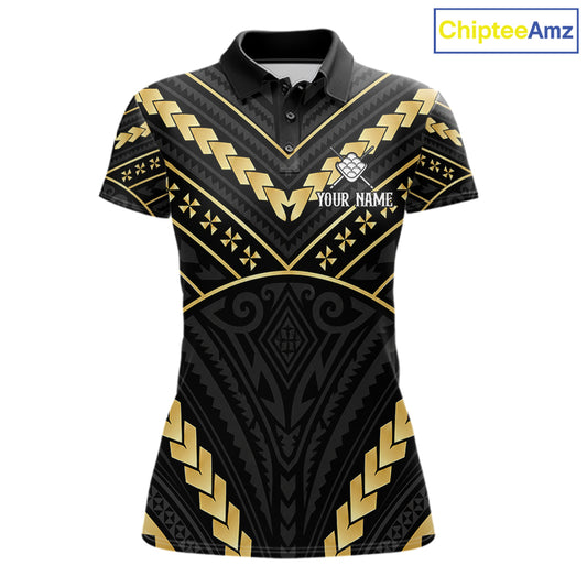 Black and gold 9 ball tribal billiard polo shirt for women with custom pool team graphics.