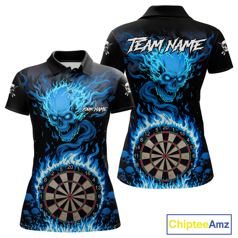 Blue Flaming Skull Darts Shirt For Women Custom Darts Jersey Team Polo & Quarter Zip TDM5054