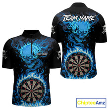 Load image into Gallery viewer, Blue Flaming Skull Darts Shirt For Men Custom Darts Jersey Team Polo &amp; Quarter Zip TDM5054