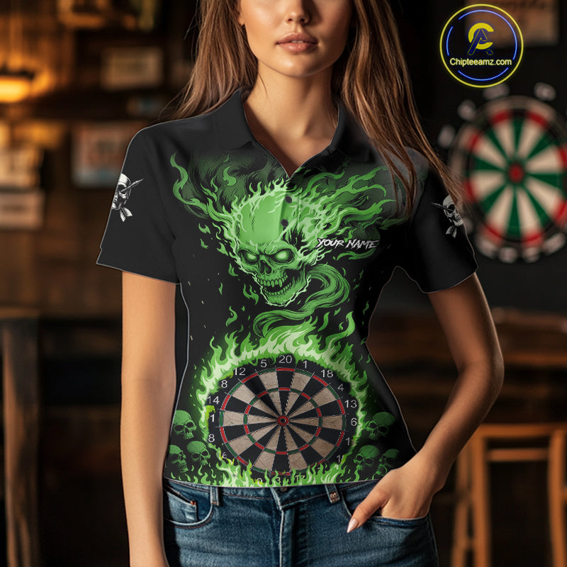 Green Flaming Skull Darts Shirt For Women Custom Darts Jersey Team Polo & Quarter Zip TDM5055