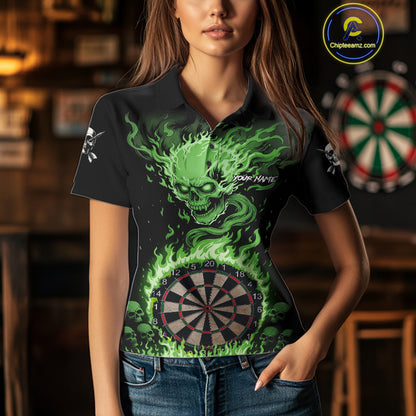 Green Flaming Skull Darts Shirt For Women Custom Darts Jersey Team Polo & Quarter Zip TDM5055