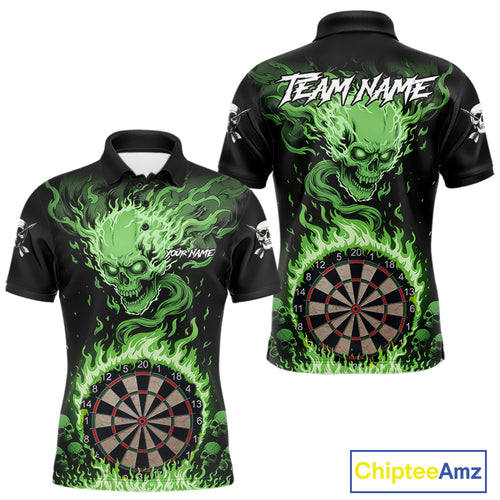 Green Flaming Skull Darts Shirt For Men Custom Darts Jersey Team Polo & Quarter Zip TDM5055