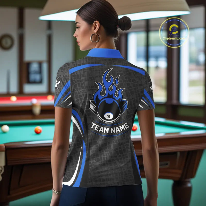 Black And Blue 8 Ball Flame Billiard Shirt For Women Custom Pool Team Shirt, Billiard Jersey TDM5791