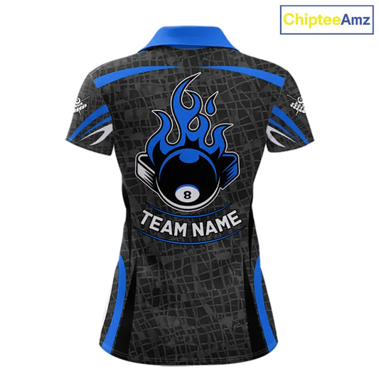 Black And Blue 8 Ball Flame Billiard Shirt For Women Custom Pool Team Shirt, Billiard Jersey TDM5791