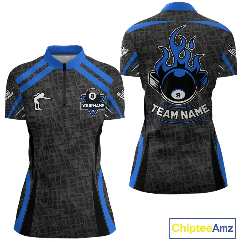 Black And Blue 8 Ball Flame Billiard Shirt For Women Custom Pool Team Shirt, Billiard Jersey TDM5791