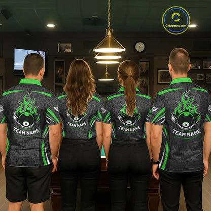 Black And Green 8 Ball Flame Billiard Shirt For Men Custom Pool Team Shirt, Billiard Jersey TDM5792