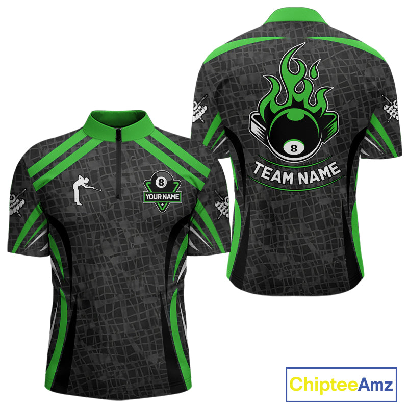 Black And Green 8 Ball Flame Billiard Shirt For Men Custom Pool Team Shirt, Billiard Jersey TDM5792