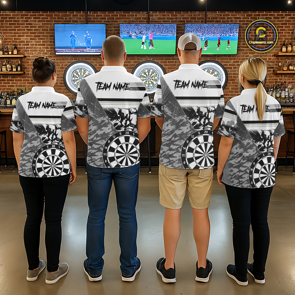 Custom Black And White Grunge Darts Shirt For Men, Darts Team Jersey Polo & 1/4 Zip TDM6143