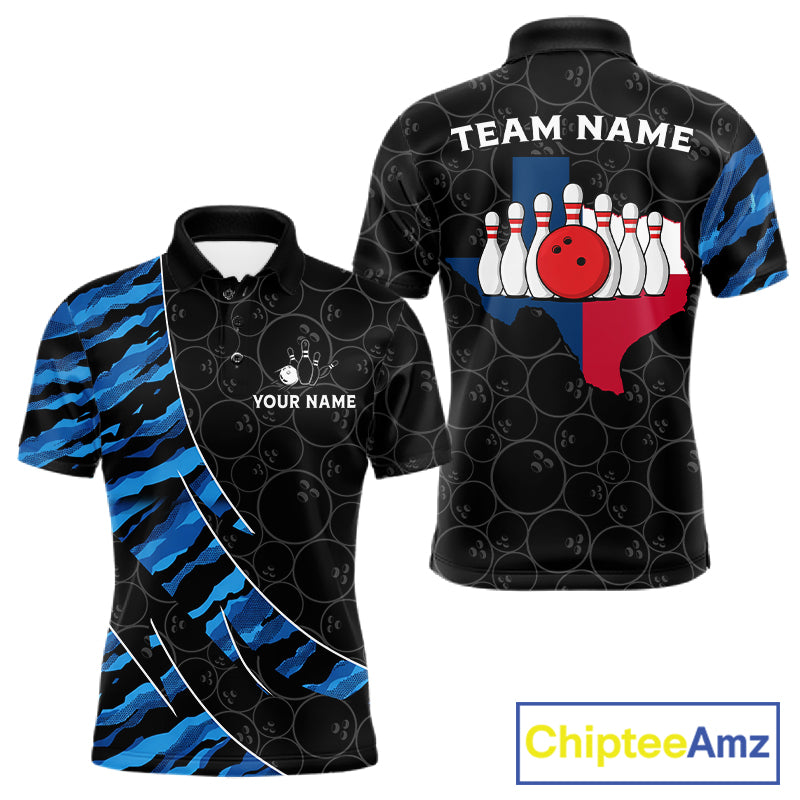 Texas Flag Blue Camo Bowling Shirt For Men Custom Patriotic Bowling Team Jersey Polo & 1/4 Zip TDM6387