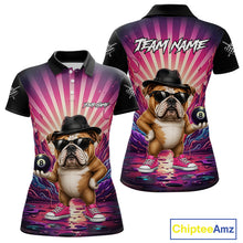 Load image into Gallery viewer, Pink graffiti bulldog 8 ball billiard polo shirt for women with custom pool team graphics.