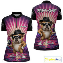 Load image into Gallery viewer, Pink graffiti bulldog 8 ball billiard quarter zip shirt for women designed for league tournaments and team events.