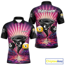 Load image into Gallery viewer, Pink graffiti tornado 8 ball and 9 ball billiard polo shirt for men with custom pool team graphics.