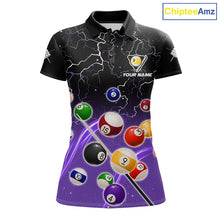 Load image into Gallery viewer, Purple grim reaper lightning 9 ball billiard polo shirt for women with custom pool team graphics.