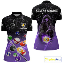 Load image into Gallery viewer, Purple grim reaper lightning 9 ball billiard quarter zip shirt for women designed for league tournaments and team events.