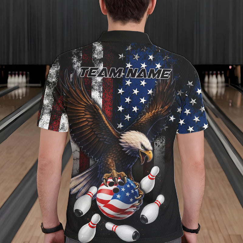 Man wearing personalized American flag eagle bowling team jersey polo shirt featuring eagle American flag artwork, back view.