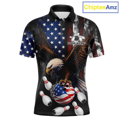 Personalized American flag eagle bowling team jersey polo shirt for men featuring a patriotic eagle and American flag design, premium custom bowling league apparel.