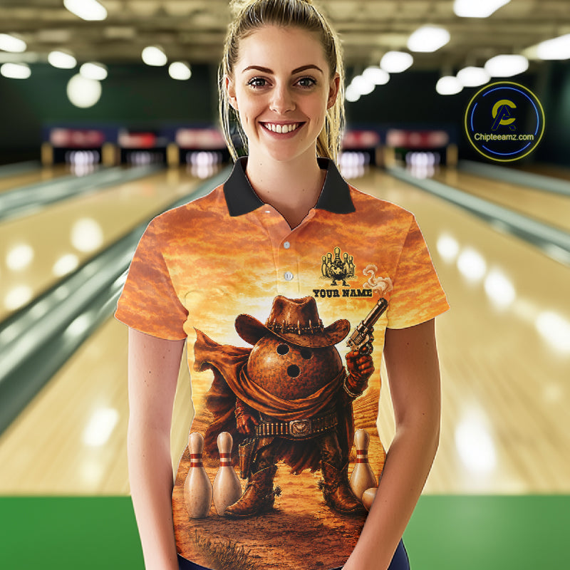 Woman wearing personalized funny cowboy bowling ball bowling team jersey polo shirt featuring cowboy bowling ball artwork, front view.