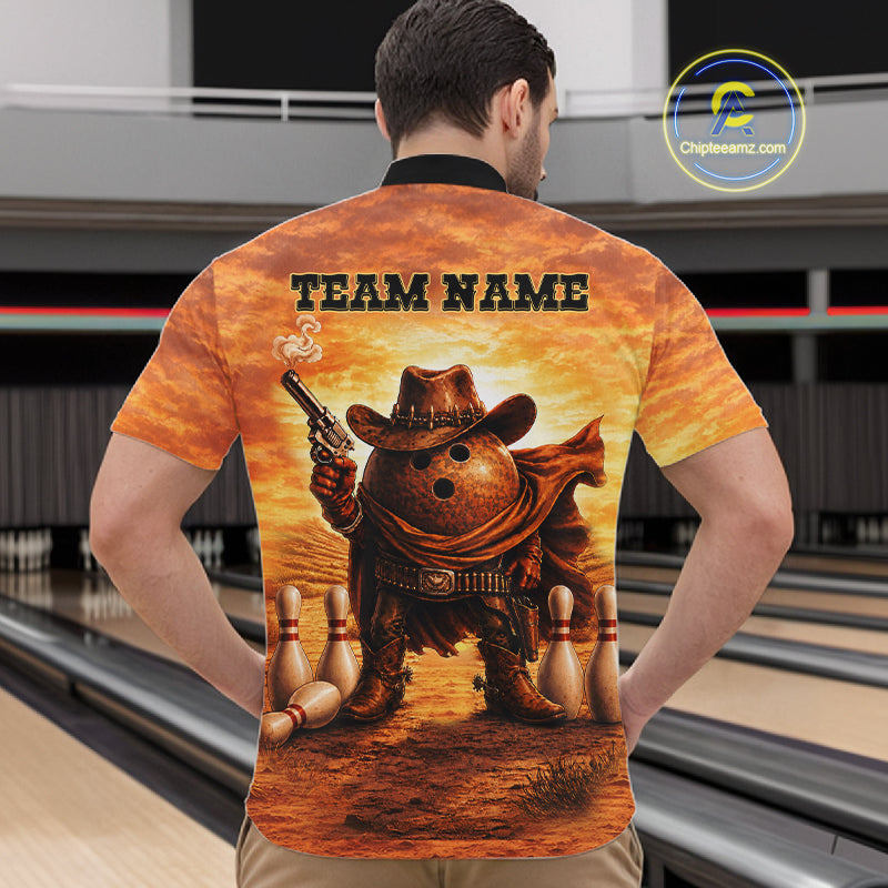 Man wearing personalized funny cowboy bowling ball bowling team jersey quarter zip shirt featuring cowboy bowling ball artwork, back view.