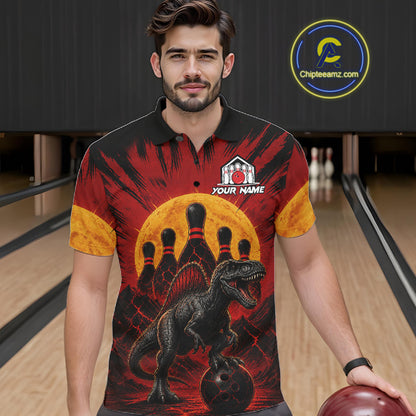 Man wearing personalized black and red dinosaur bowling team jersey polo shirt featuring dinosaur artwork, front view.