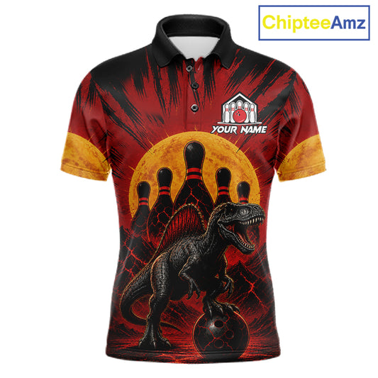 Personalized black and red dinosaur bowling team jersey polo shirt for men featuring a fierce dinosaur bowling design, premium custom bowling league apparel.