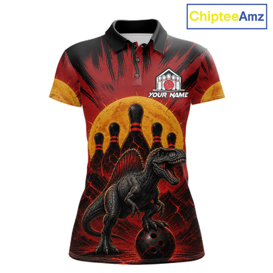 Personalized black and red dinosaur bowling team jersey polo shirt for women featuring a fierce dinosaur bowling design, premium custom bowling league apparel for tournaments and team play.
