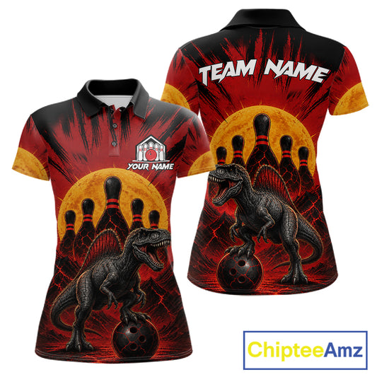 Personalized black and red dinosaur bowling team jersey polo shirt for women featuring a fierce dinosaur bowling design, premium custom bowling league apparel for tournaments and team play.