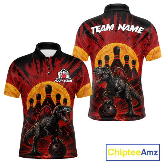 Personalized black and red dinosaur bowling team jersey polo shirt for men featuring a fierce dinosaur bowling design, premium custom bowling league apparel.