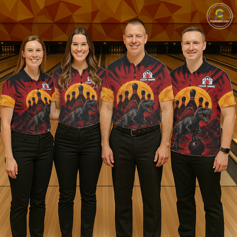 Bowling team wearing matching personalized black and red dinosaur bowling team jerseys, front view.