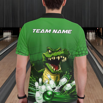 Man wearing personalized green funny alligator bowling team jersey polo shirt featuring funny alligator artwork, back view.