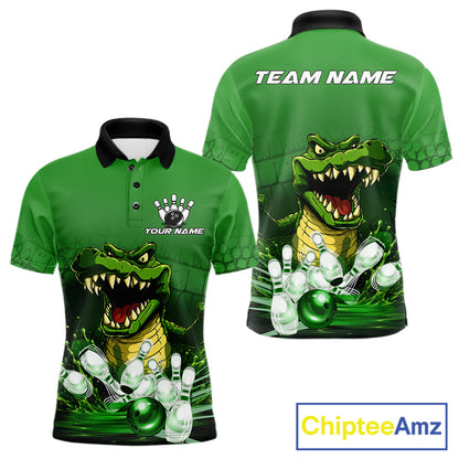 Personalized green funny alligator bowling team jersey polo shirt for men featuring a funny alligator bowling design, premium custom bowling team apparel and gift for bowlers.