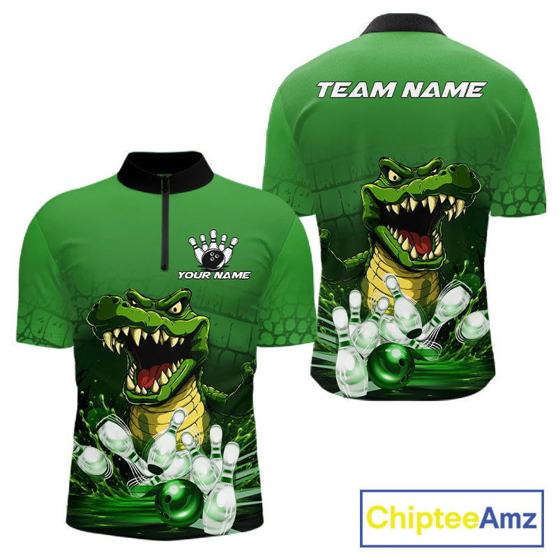 Personalized green funny alligator bowling team jersey quarter zip shirt for men featuring funny alligator bowling artwork, premium custom bowling apparel.