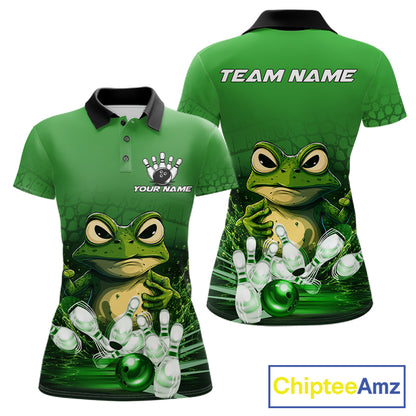 Personalized green funny frog bowling team jersey polo shirt for women featuring a funny frog bowling design, premium custom bowling team apparel and unique gift for bowlers.