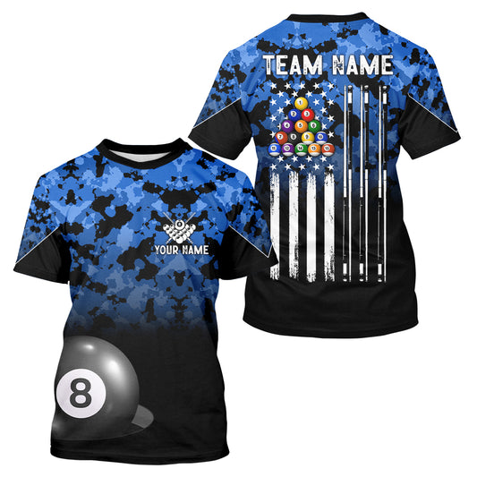8 Ball Pool Blue Camo Custom Billiard T-Shirts For Men, Patriotic US Flag Billiard Team Jersey TDM2313