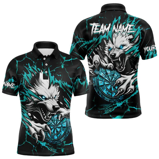 Personalized Wolf Lightning Darts Polo & Quarter Zip Custom Men Dart Shirts Darts Jersey |Turquoise TDM3772